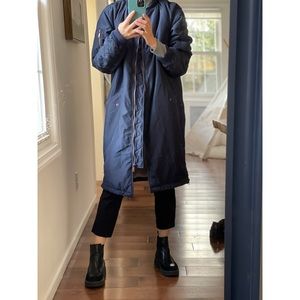 H&M long Sherpa lined bomber jacket in navy color